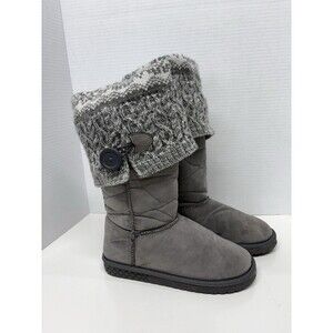 Muk Luks Cozy Gray Quilted Knit Sock Top Winter Boots Size 6 EUC Sweater Cuff
